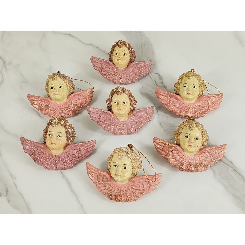 Cherubs Christmas Tree Ornaments Baroque Angels 4 1/2" Pink 80s Blow Mold x7